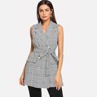 Shein Double Button Belted Plaid Vest Blazer