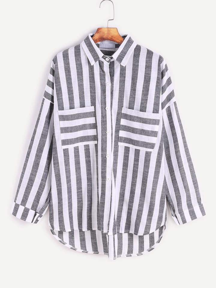Shein Contrast Striped Drop Shoulder High Low Pockets Shirt