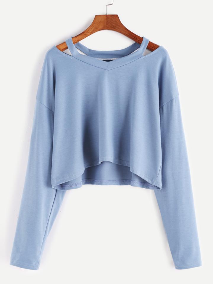 Shein Blue Cut Out Neck Crop T-shirt