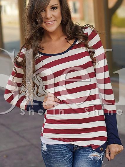 Shein Burgundy White Long Sleeve Striped T-shirt