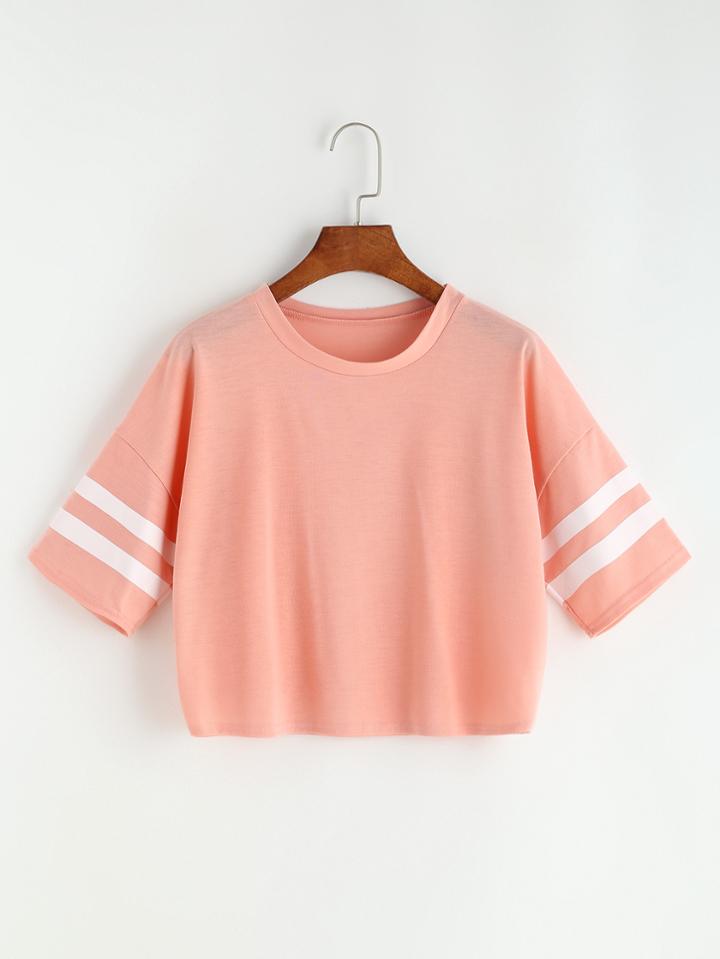 Shein Striped Sleeve Drop Shoulder Crop Tee