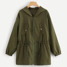 Shein Plus Solid Drawstring Zip Up Coat