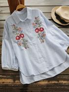 Shein Floral Embroidered Striped Dip Hem Shirt