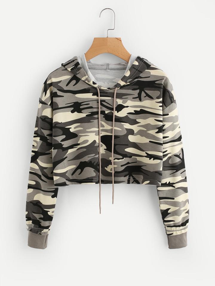 Shein Drop Shoulder Crop Camo Hoodie