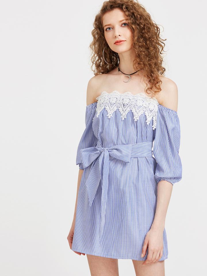 Shein Vertical Striped Contrast Crochet Bardot Dress