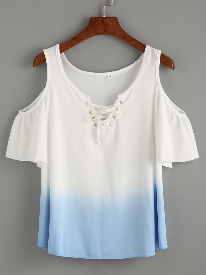 Shein Blue Lace Up Open Shoulder Ombre T-shirt