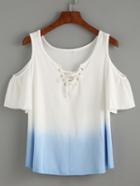 Shein Blue Lace Up Open Shoulder Ombre T-shirt