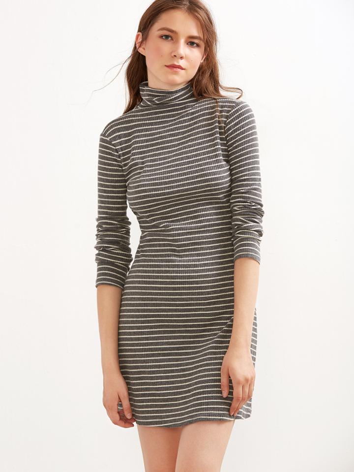 Shein Grey Striped High Neck Ribbed Sheath Dress