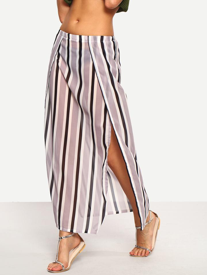 Shein Vertical Striped High-slit Skirt - Grey