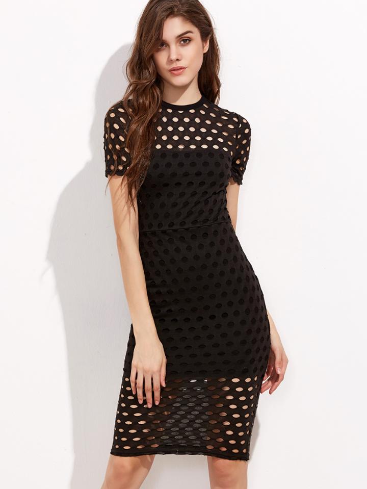 Shein Black Short Sleeve Circle Eyelet Sheath Dress
