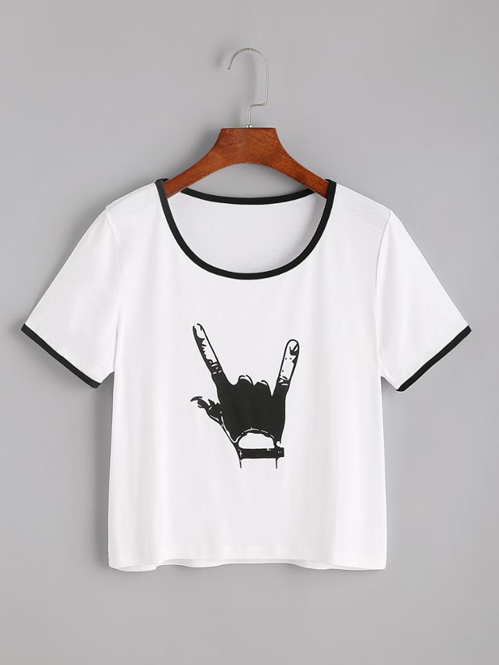 Shein White Gesture Print Ringer T-shirt