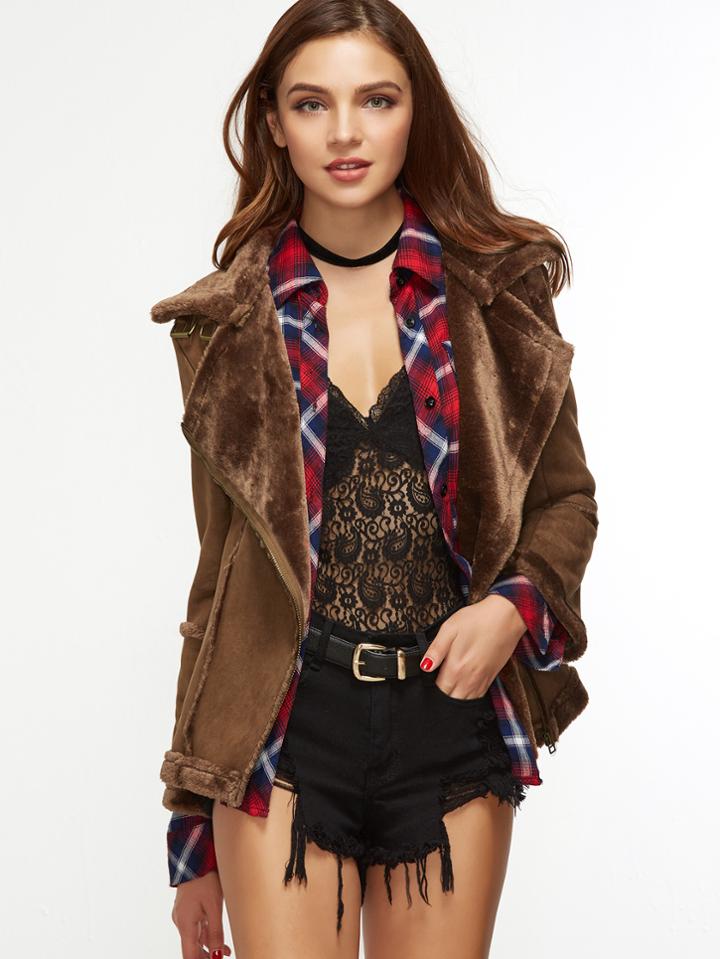 Shein Coffee Oblique Zipper Sheepskin Suede Jacket
