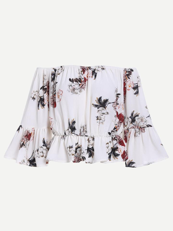 Shein Beige Florals Off The Shoulder Bell Sleeve Peplum Top