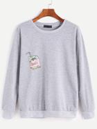 Shein Grey Ribbed Trim Drawing Print Sweatshirt