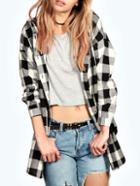 Shein Black Hooded Plaid Buttons Blouse