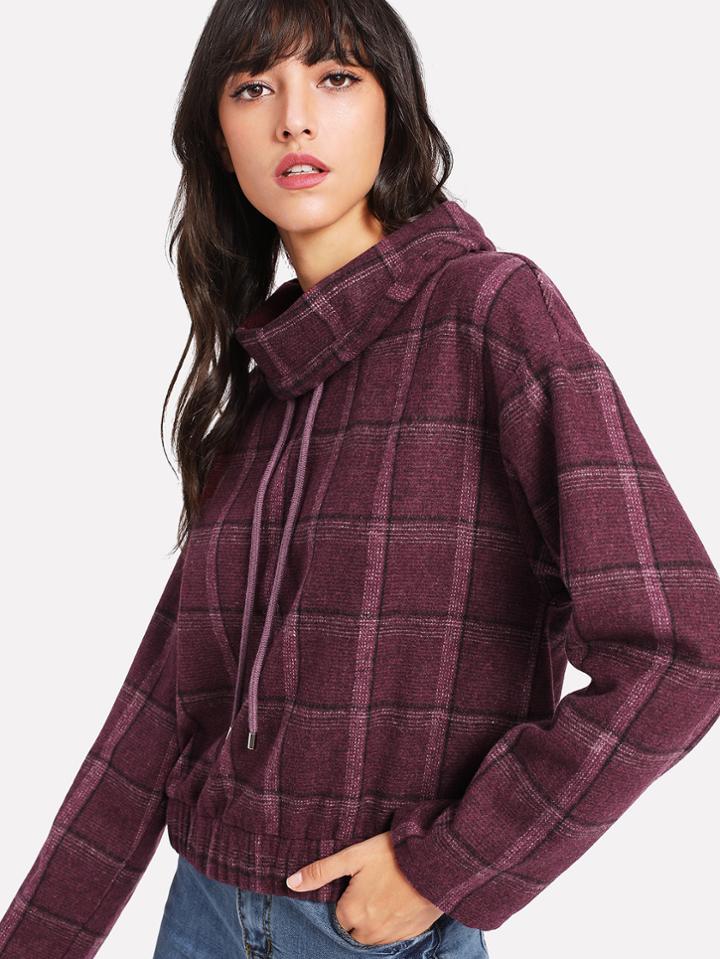 Shein Drawstring Turtle Neck Plaid Pullover