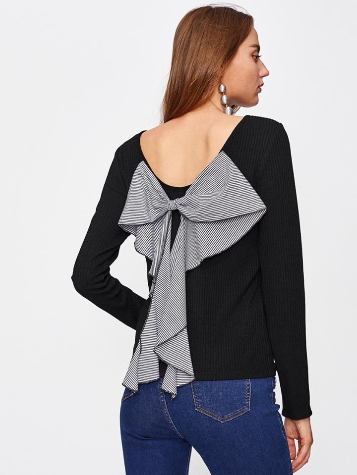 Shein Striped Bow Back Rib Knit Tee