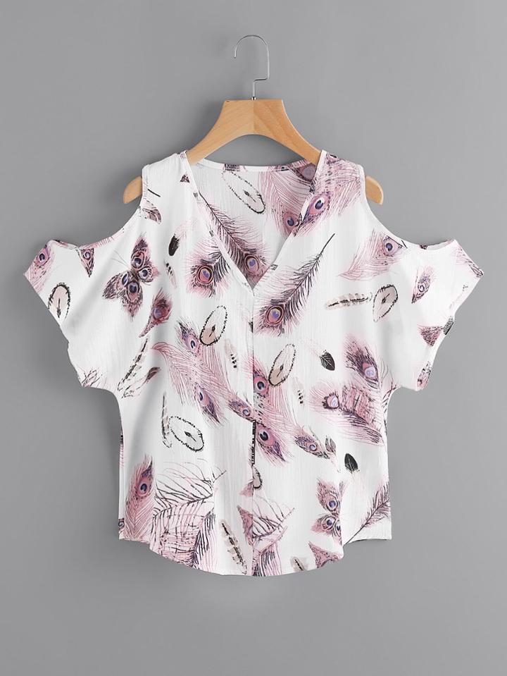 Shein Random Feather Print Open Shoulder Top