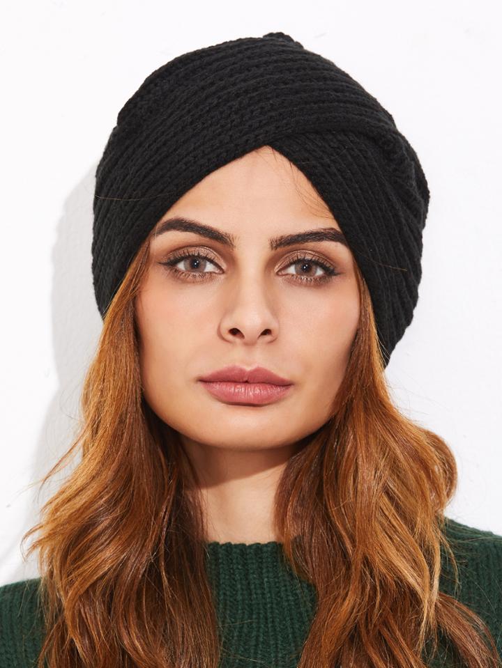 Shein Black Ribbed Knit Turban Hat