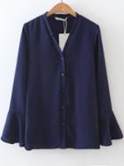 Shein Navy V Neck Bell Sleeve Blouse