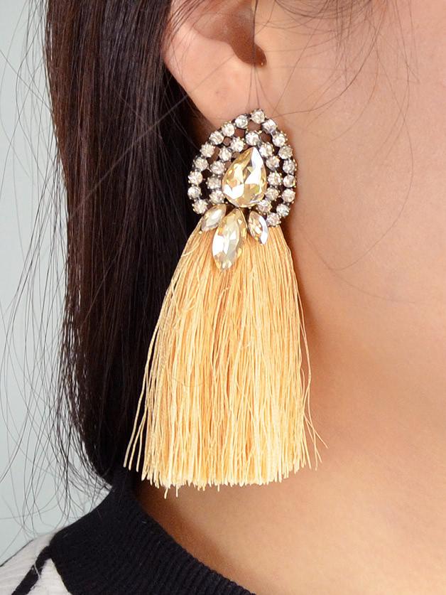 Shein Champagne Bohemian Style Colorful Water Drop Crystal Tassel Long Dangle Earring