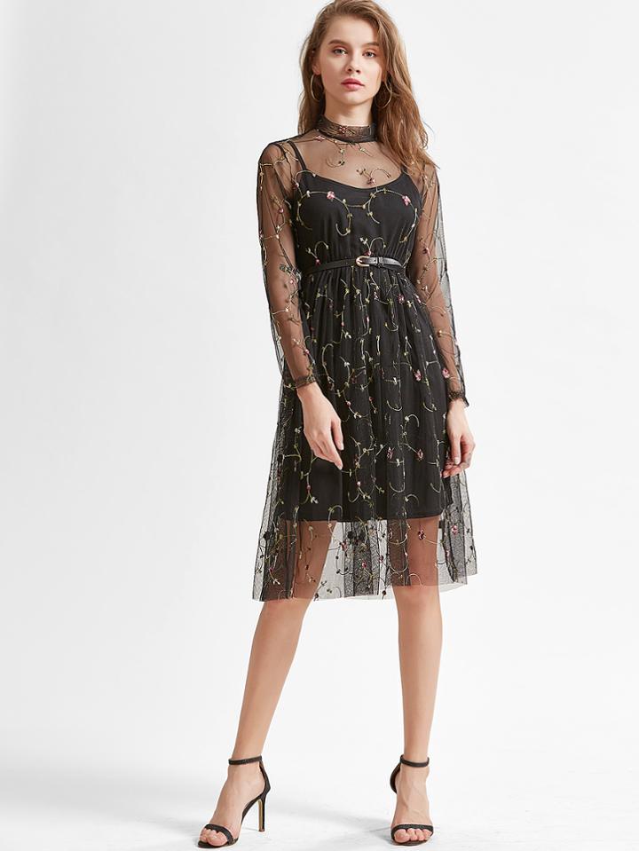 Shein Black Flower Embroidered Mesh Overlay Dress