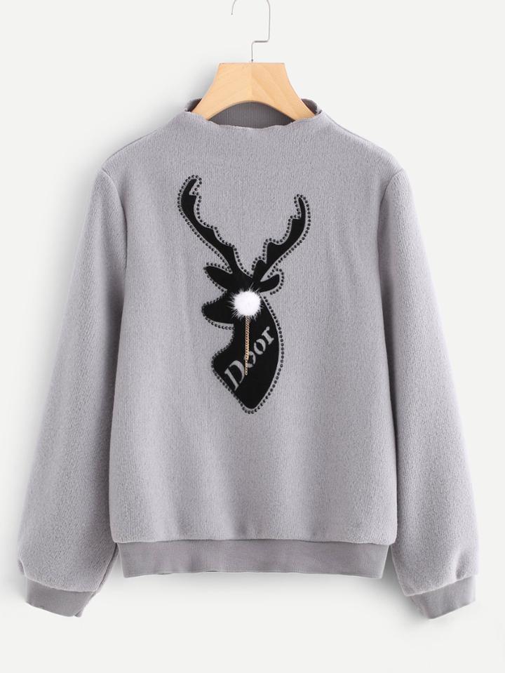 Shein Elk Patch Pom Pom Detail Sweatshirt