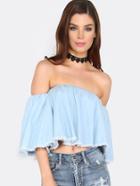 Shein Blue Off The Shoulder Frayed Denim Top