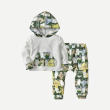 Shein Boys Cat Print Hooded Sweatshirt With Pants