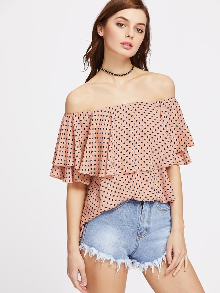 Shein Polka Dot Print Flounce Layered Neckline Top