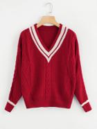 Shein V Neckline Striped Trim Cable Knit Sweater