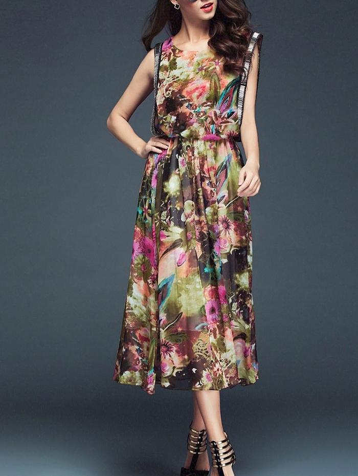 Shein Coffee Round Neck Sleeveless Floral Print Dress