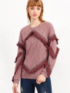 Shein Burgundy Marled Knit Knotted Fringe Trim Sweatshirt