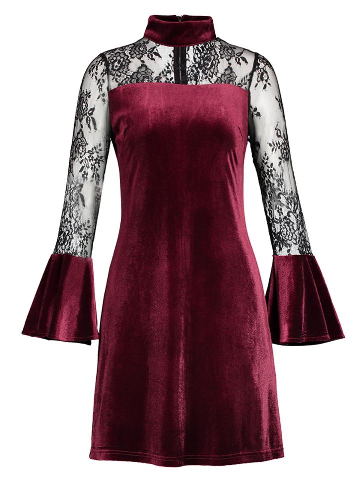 Shein Contrast Lace Flounce Sleeve Velvet Dress
