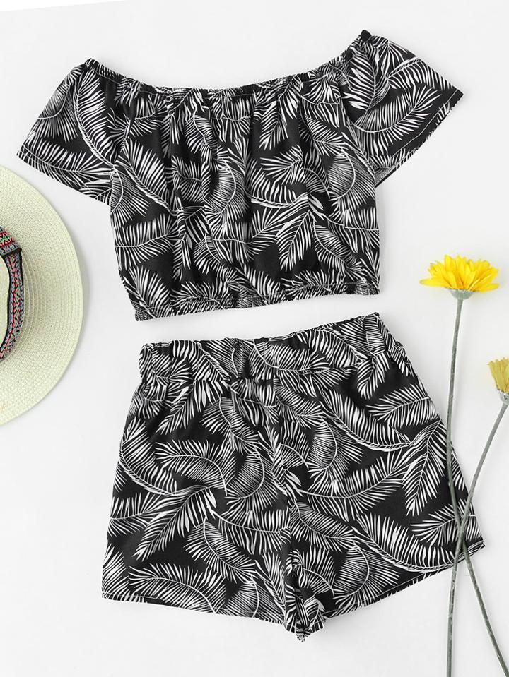 Shein Off Shoulder Leaf Print Random Top And Shorts Set