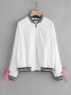 Shein Striped Trim Gingham Tape Lace Up Bomber Jacket