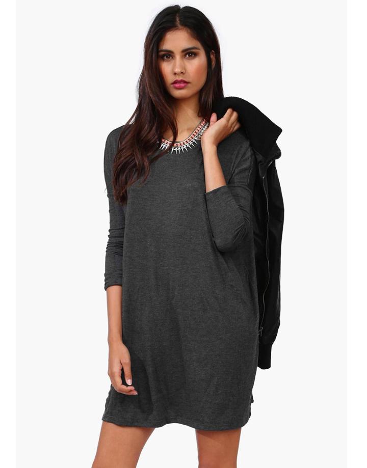 Shein Dark Grey Round Neck Long Sleeve Loose Dress