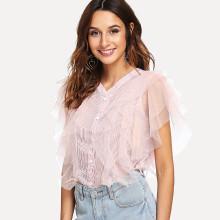 Shein Sheer Mesh Panel Sleeve Striped Shirt
