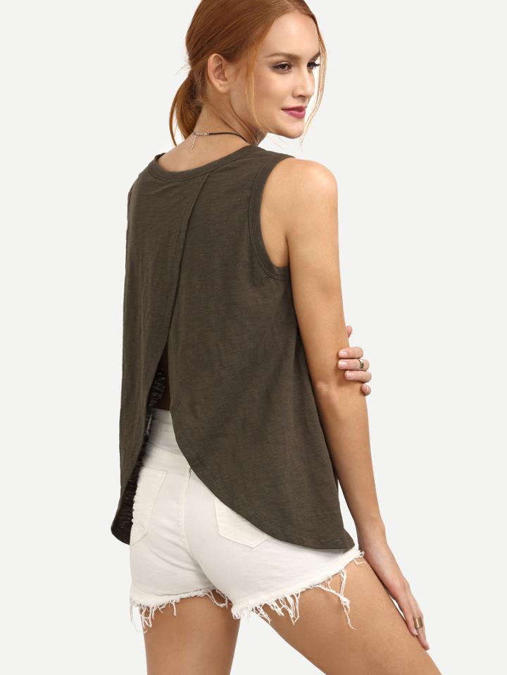 Shein Army Green Sleeveless Split Back T-shirt
