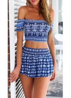 Rosewe Tribal Print Boat Neck Blue Two Piece Romper