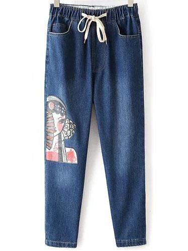 Shein Blue Tribal Print Drawstring Waist Jeans