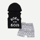 Shein Boys Letter Print Hooded Tee With Geo Print Shorts