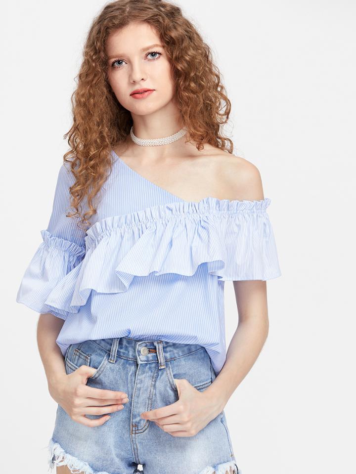 Shein Asymmetric Off Shoulder Frill Trim Pinstripe Top