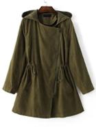 Shein Army Green Hooded Asymmetric Zipper Drawstring Outerwear