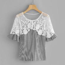 Shein Embroidered Mesh Panel Gingham Blouse