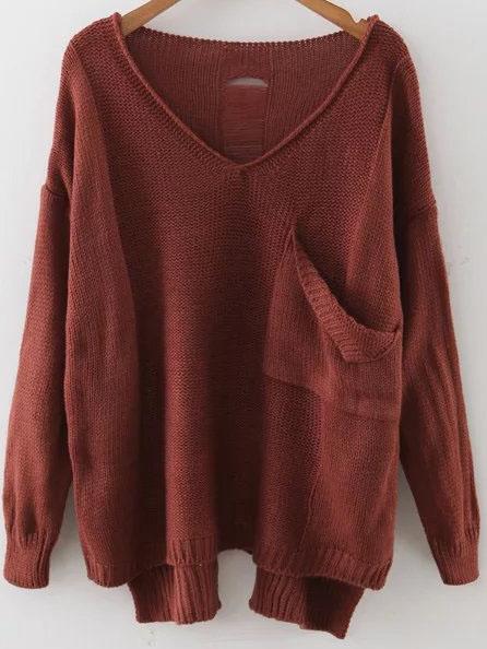 Shein Brown V Neck Drop Shoulder Dip Hem Sweater With Pocket