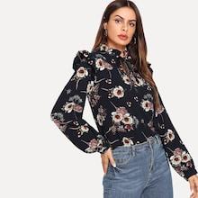 Shein Ruffle Detail Tie Neck Floral Top