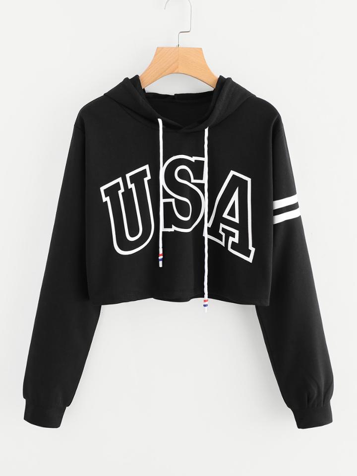 Shein Varsity Striped Usa Print Crop Hoodie