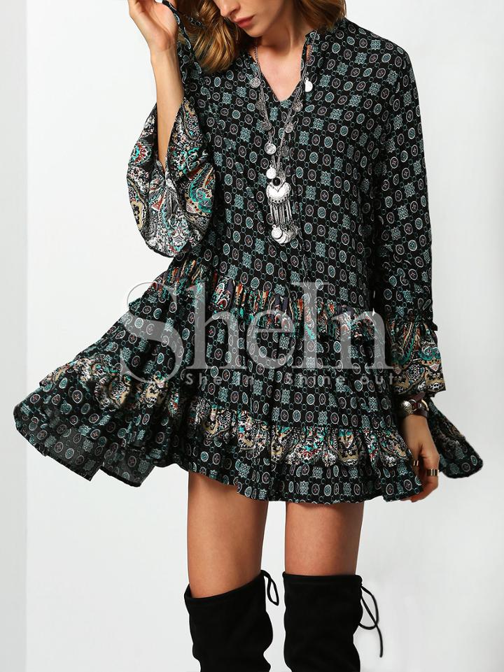 Shein Dark Green Tribal Print Ruffle Dress