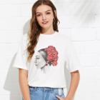 Shein Figure Print With Sequin Beaded Detail Tee